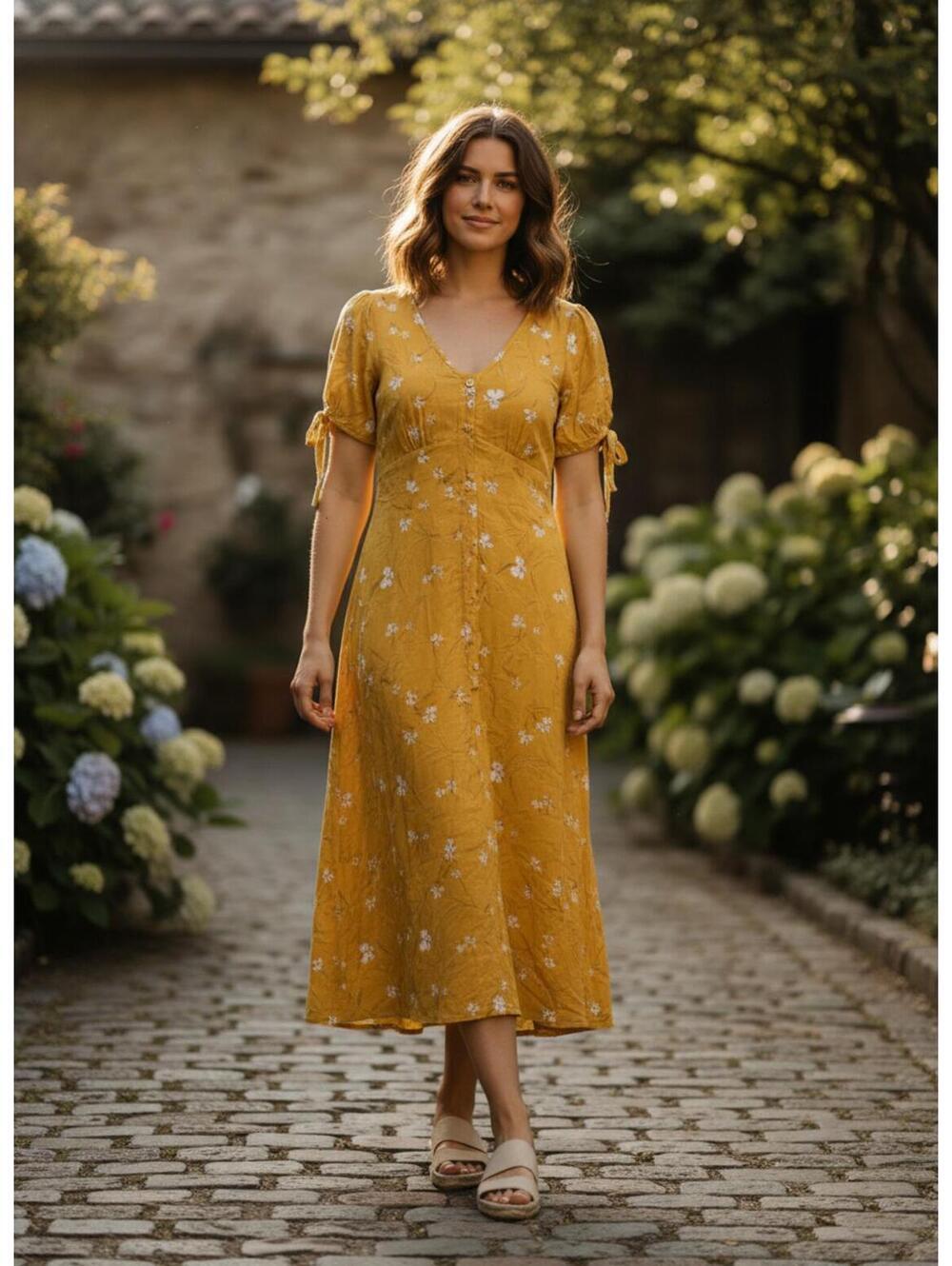 Universal Thread Linen Blend Floral Button front Midi Dress /Tie Sleeves Small
